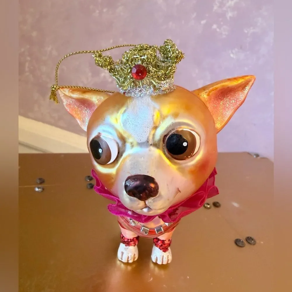 Hand Blown Chihuahua Dog Figurine with Crown and Pink Collar